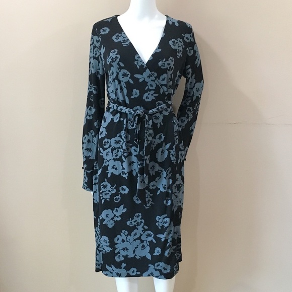 Ann Taylor Women 8 Jersey Wrap Dress Floral Black Grey Stretch Career #456491 - Picture 2 of 8